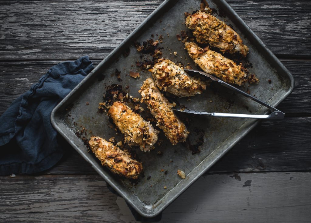 Spicy Oven Baked Coconut Crusted Chicken over Pasta