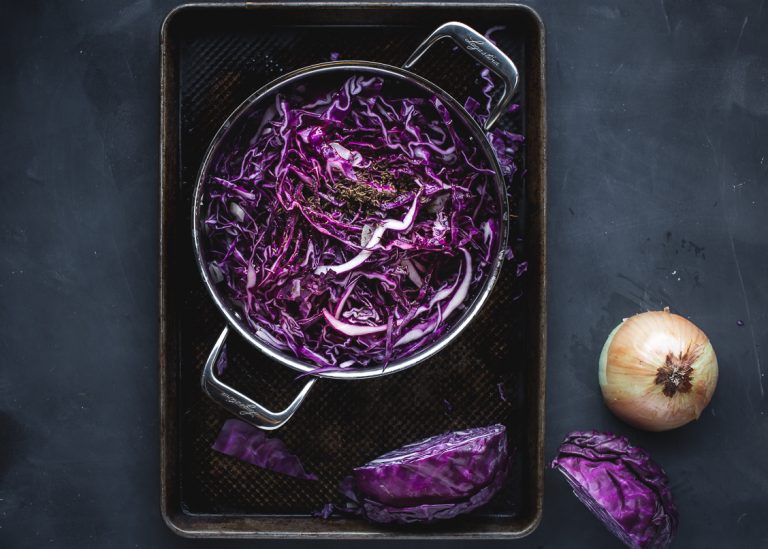 Easy Rotkraut (A Quick Red Cabbage Sauerkraut) over Brats