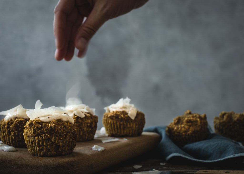 Protein + Fiber Breakfast Pumpkin Muffins with a Maple Coconut Cream Frosting