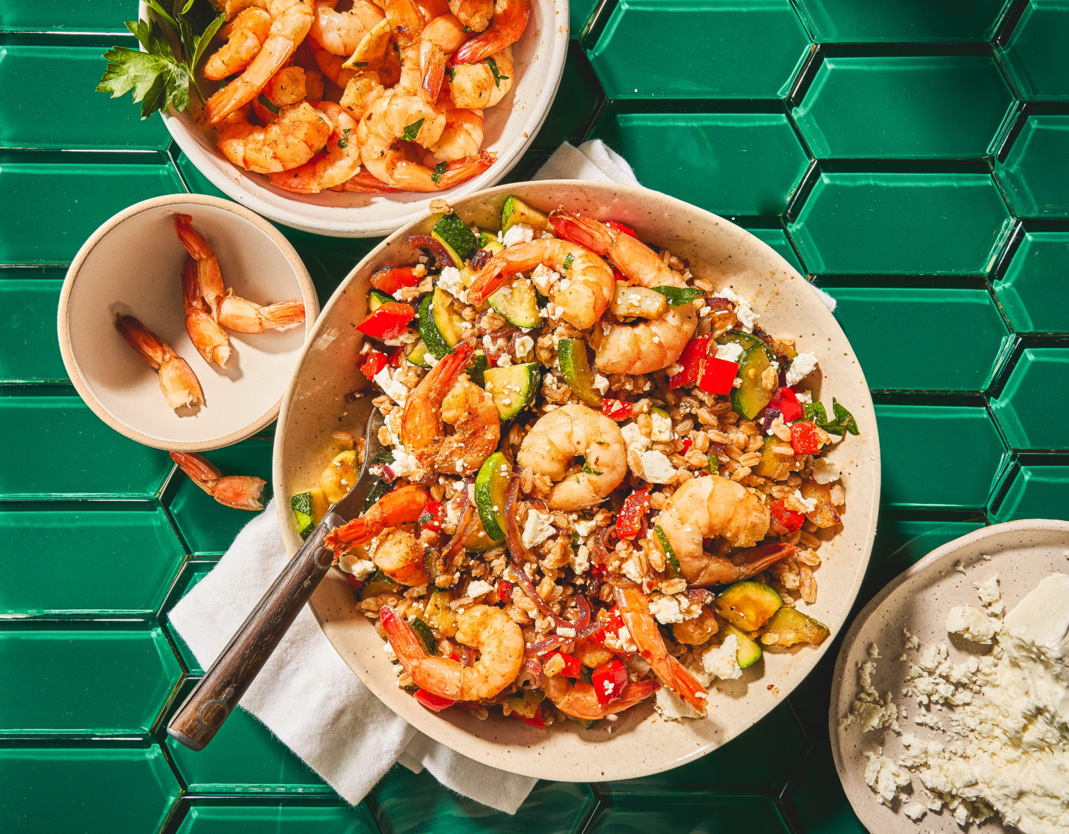 Pan Fried Shrimp, Garlicky Seasonal Vegetables and Farro Bowl | My ...